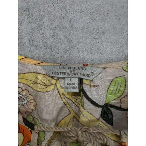 Women’s Linen Blend Floral Tie Front Blouse Top Large - Picture 8 of 9